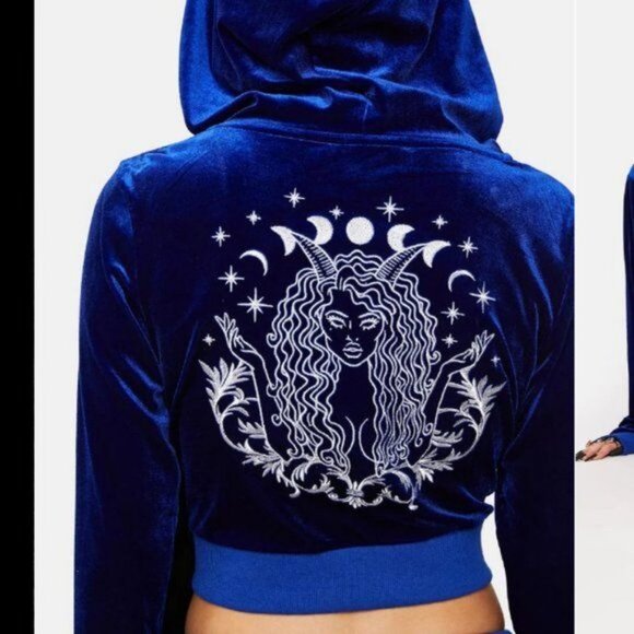 Tops - Blue Velour Velvet Track Hoodie Horoscope Capricorn